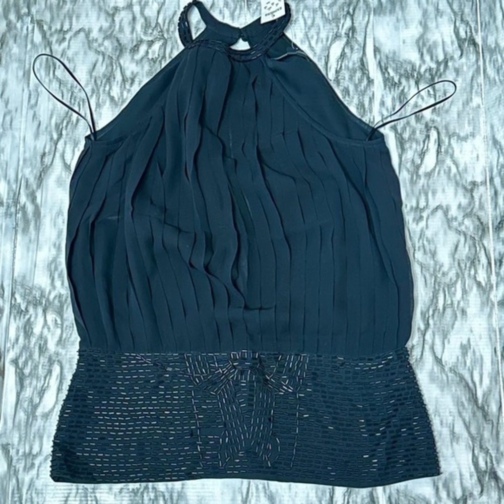 Express Black Sequin Pleated Open Back Halter Blouse NOS Y2K Silk Elegant Sexy